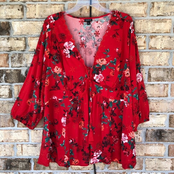 Torrid Red Floral Babydoll Eyelet Elastic Back Bishop Sleeve Lace-Up Top 3 = 3X - Picture 2 of 15